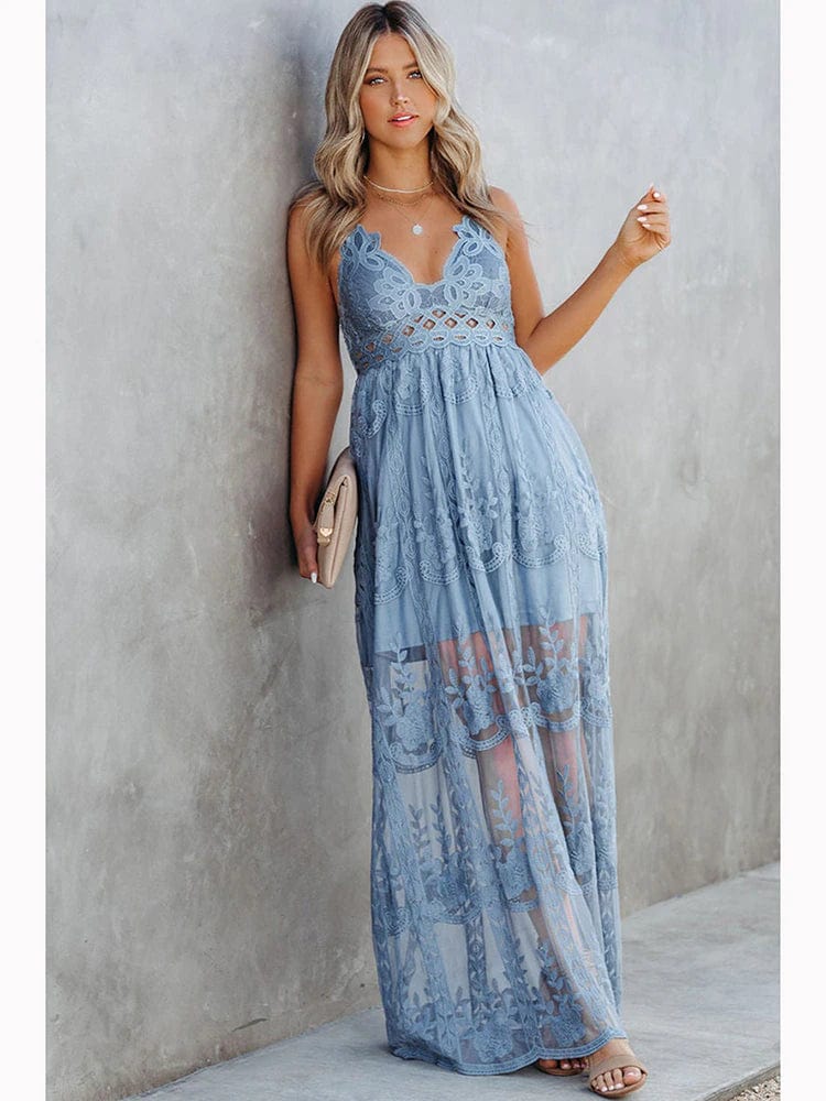 Lace V-Neck Backless Tiered Maxi Dress 5