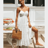 Spaghetti Strap Lace Trim Tiered Maxi Dress