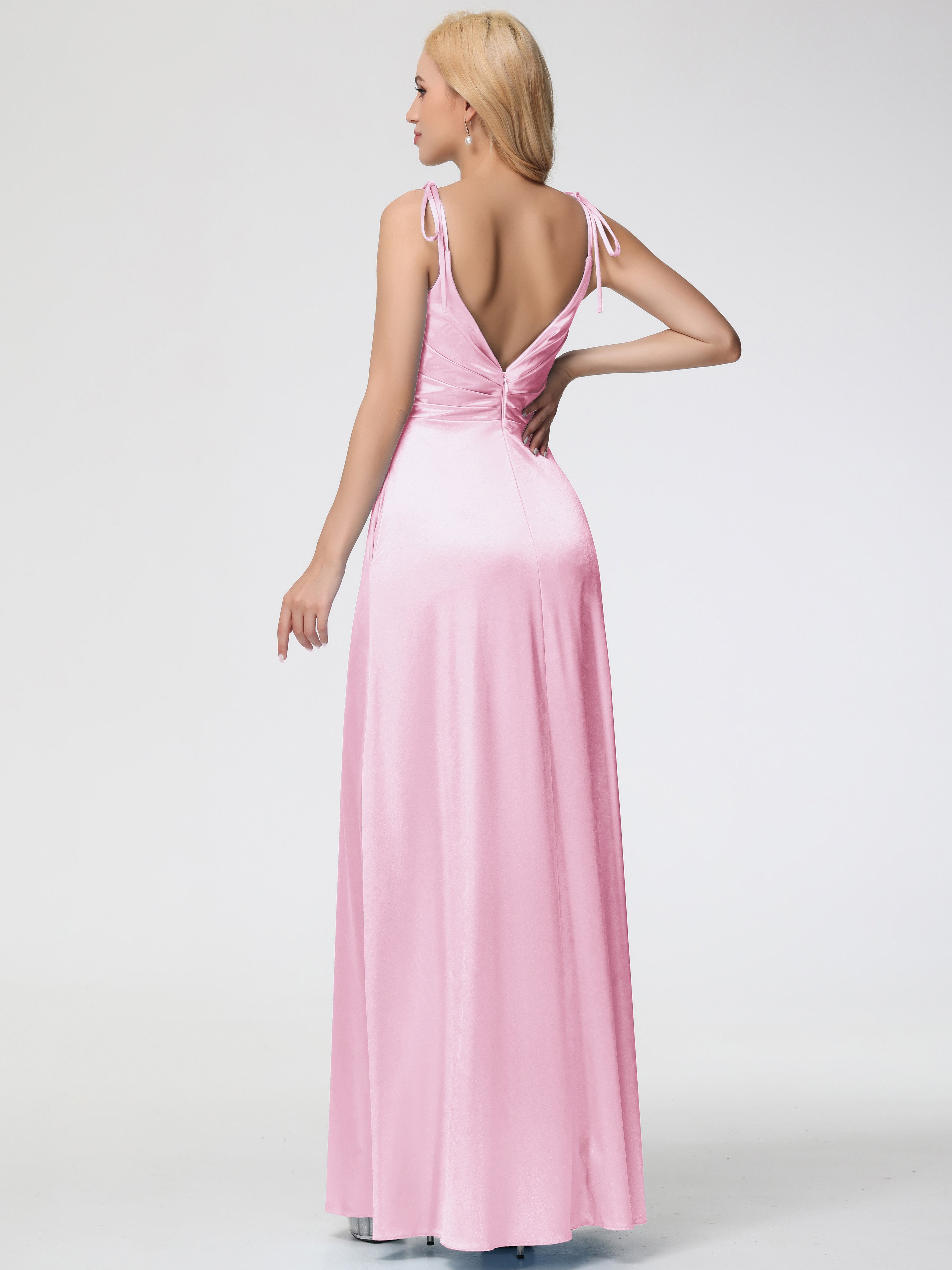 Blush Pink Multiway Formal Dresses Spaghetti Straps V-Neck Ruched Floor Length Stretch Satin Formal Dress With Slit