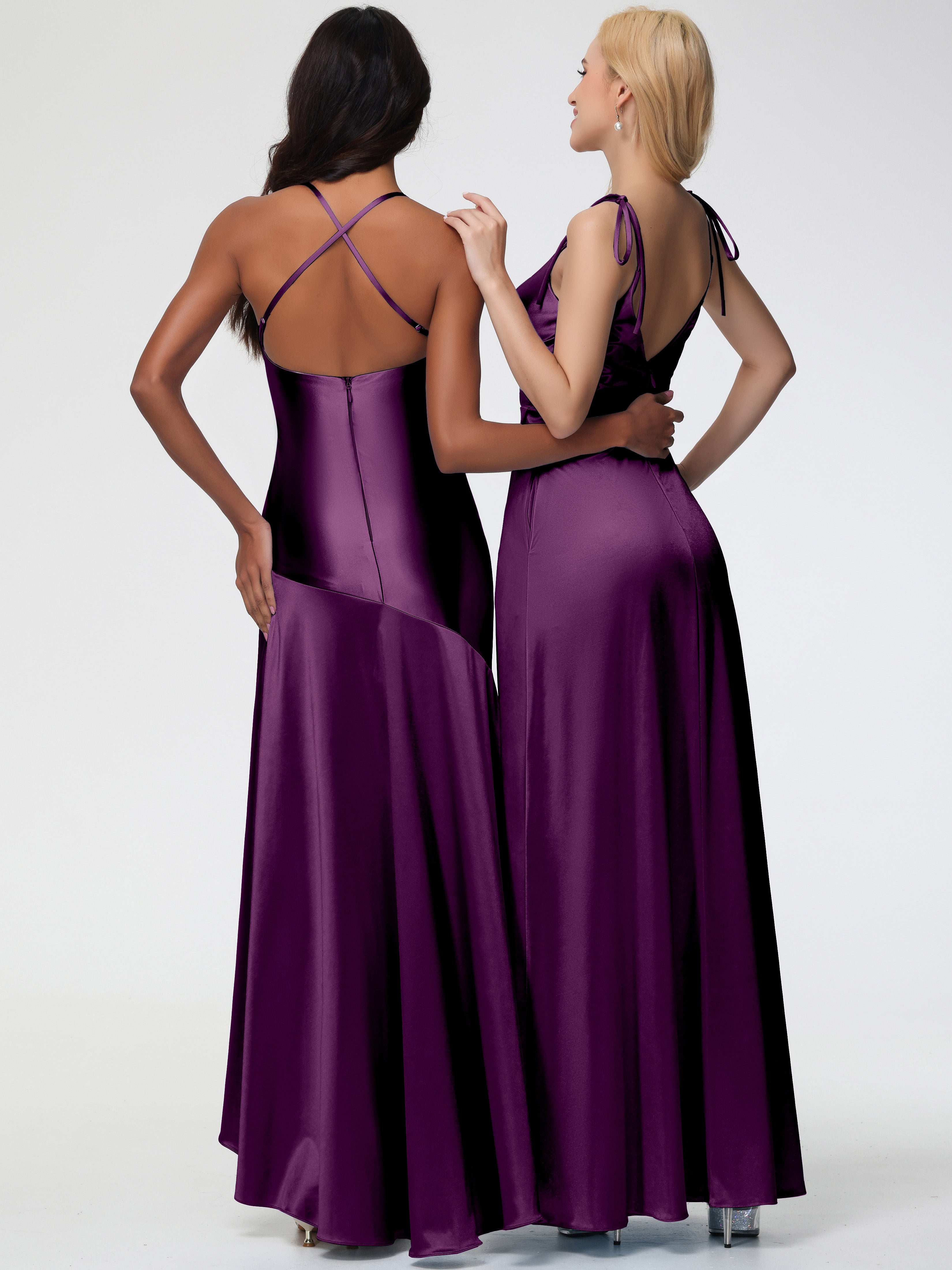 Long Grape Formal Dresses Spaghetti Straps V-Neck Ruched Floor Length Stretch Satin Formal Dress With Slit