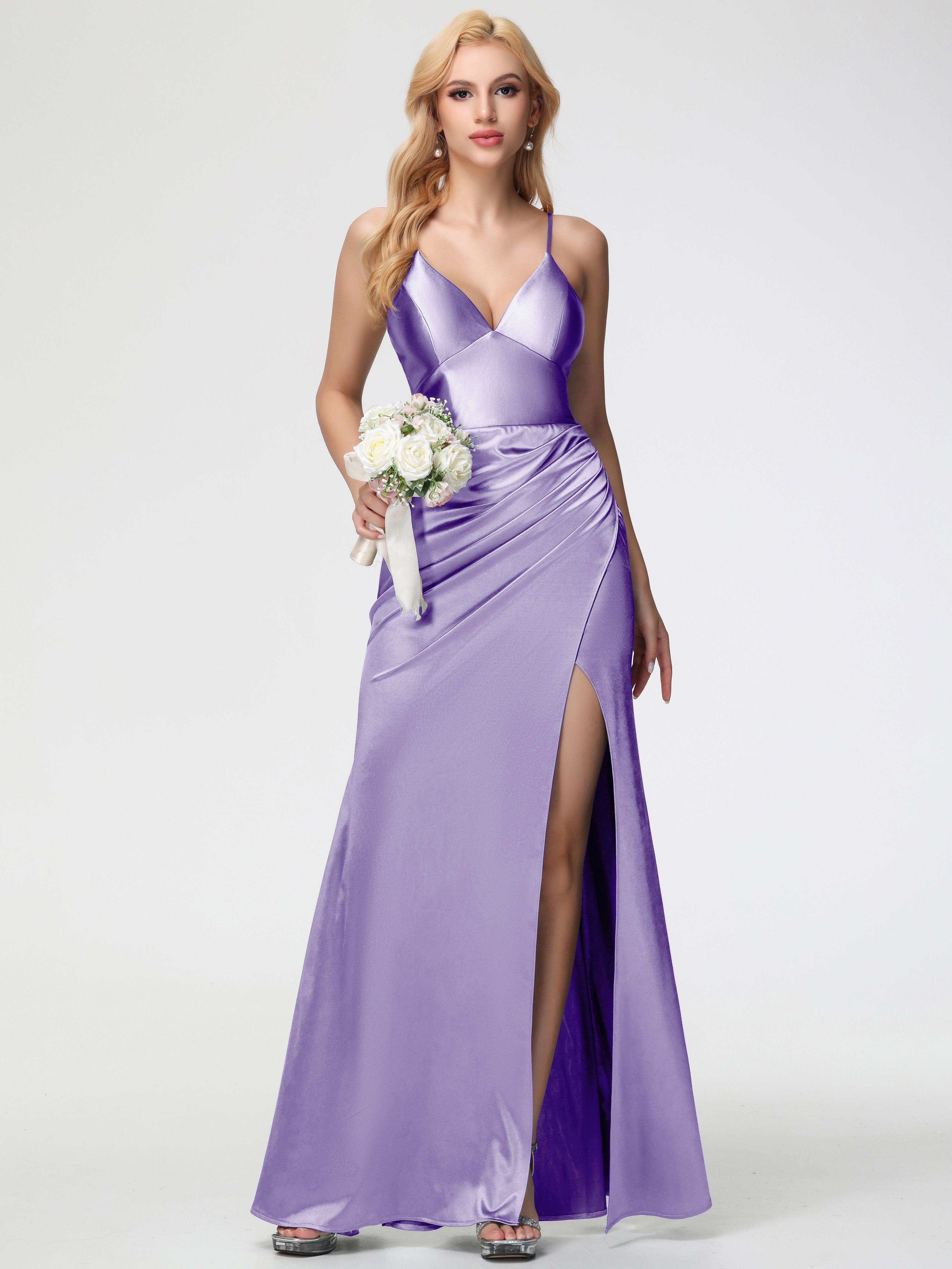 Tahiti Formal Dress Spaghetti Straps V-Neck Sheath Stretch Satin Formal Dress With Split