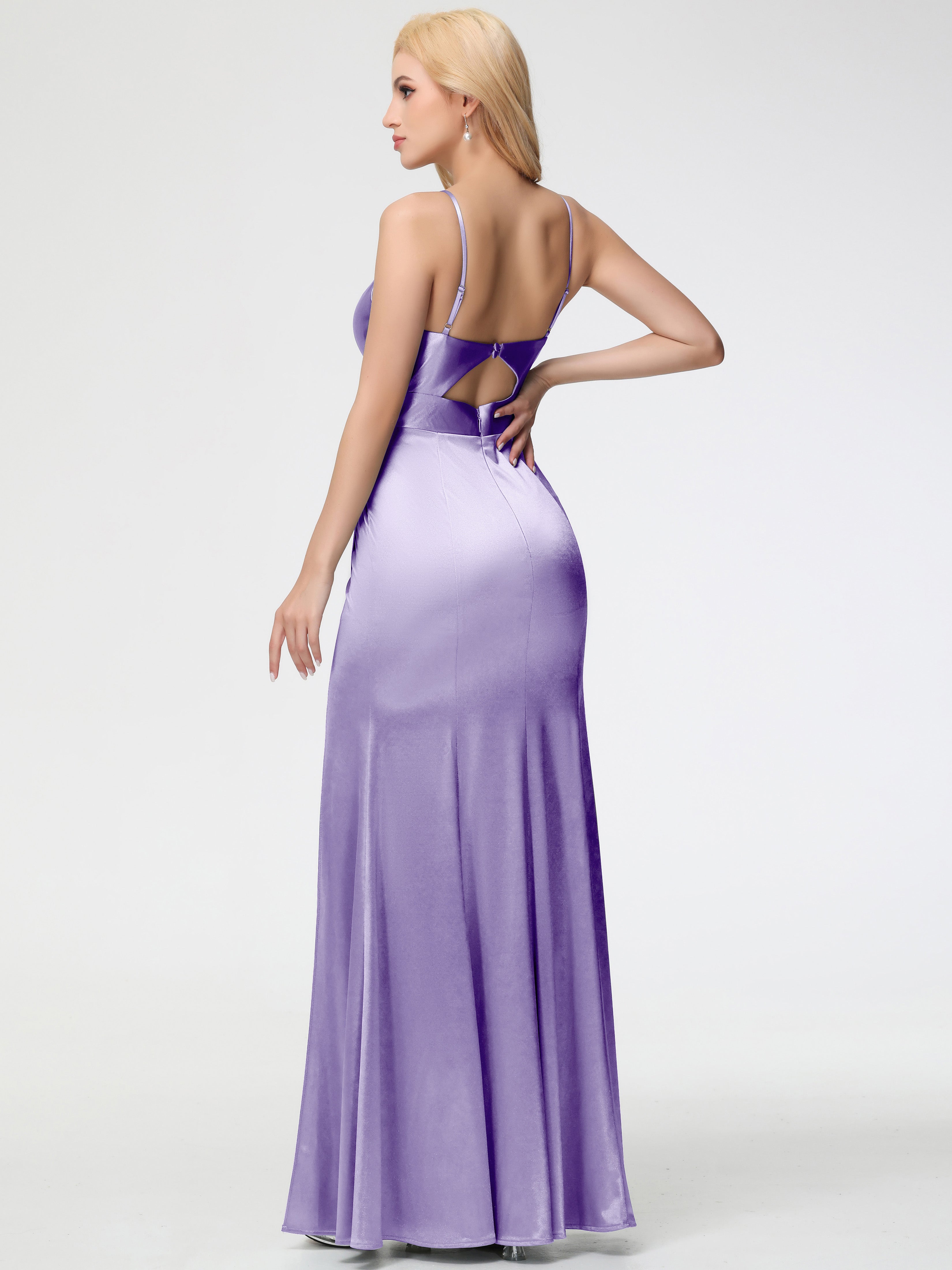 Tahiti Formal Dress Spaghetti Straps V-Neck Sheath Stretch Satin Formal Dress With Split