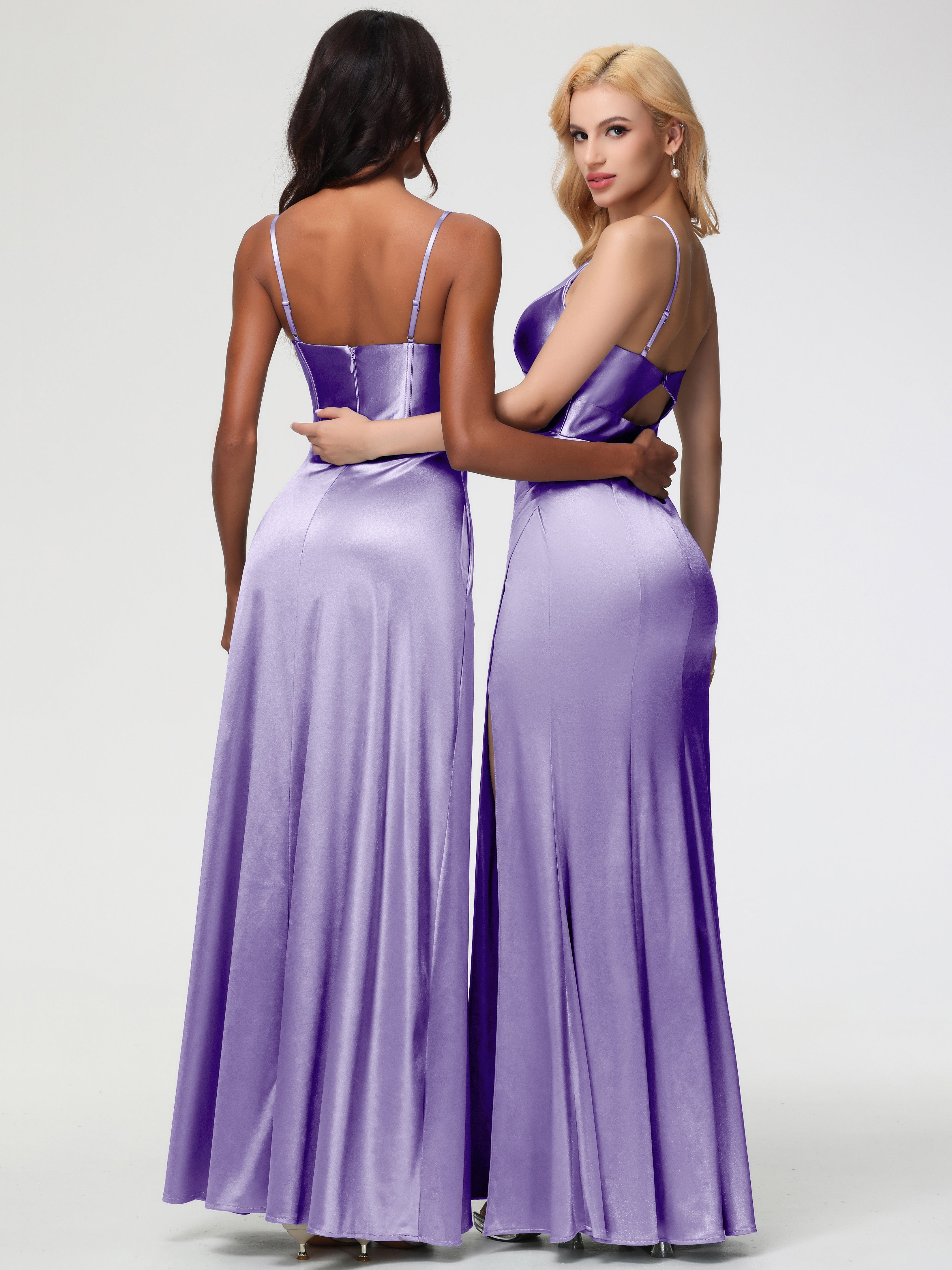 Tahiti Formal Dress Spaghetti Straps V-Neck Sheath Stretch Satin Formal Dress With Split