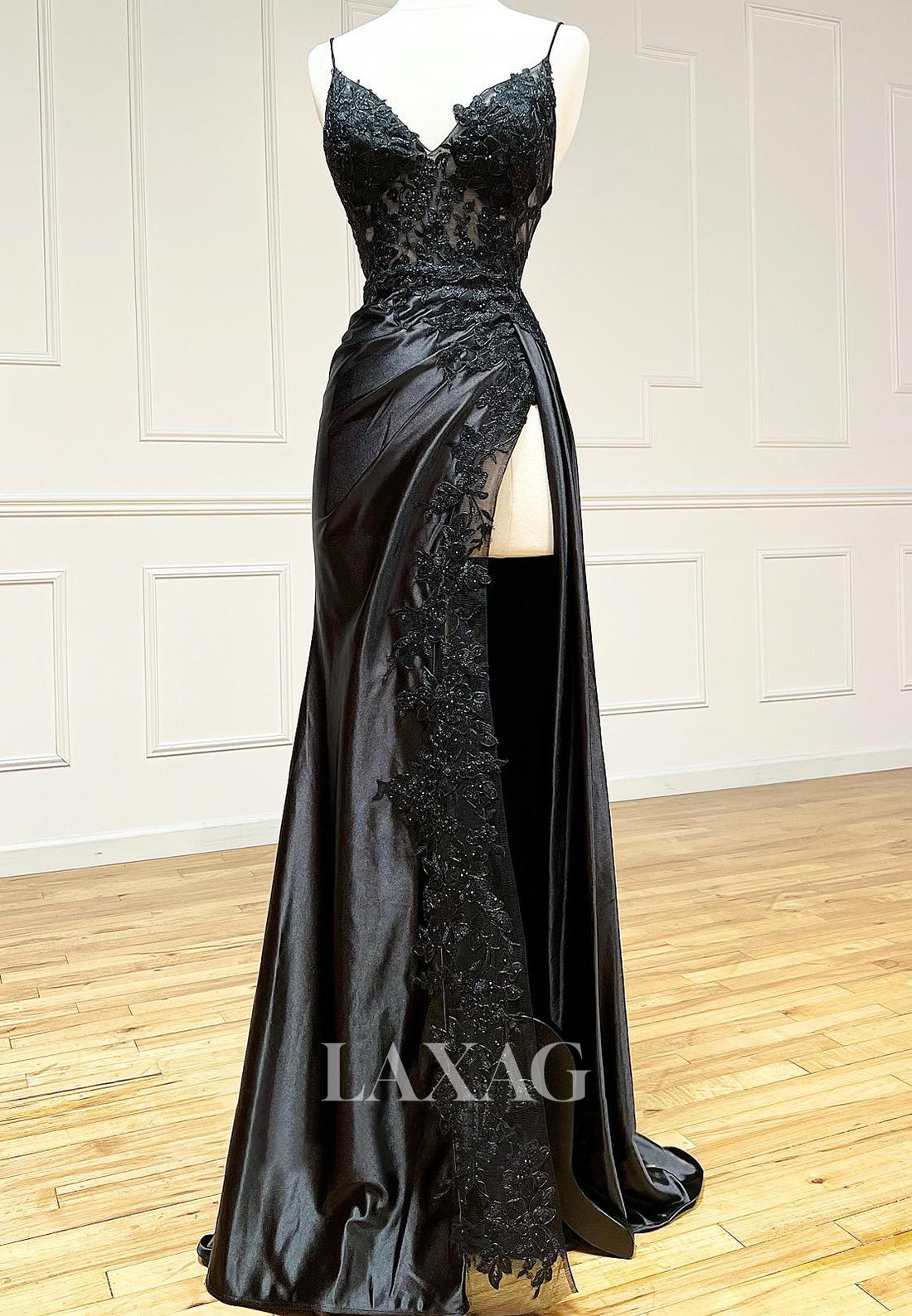 22257 - Spaghetti Straps Appliques illusion High Slit Party Prom Formal Evening Dress