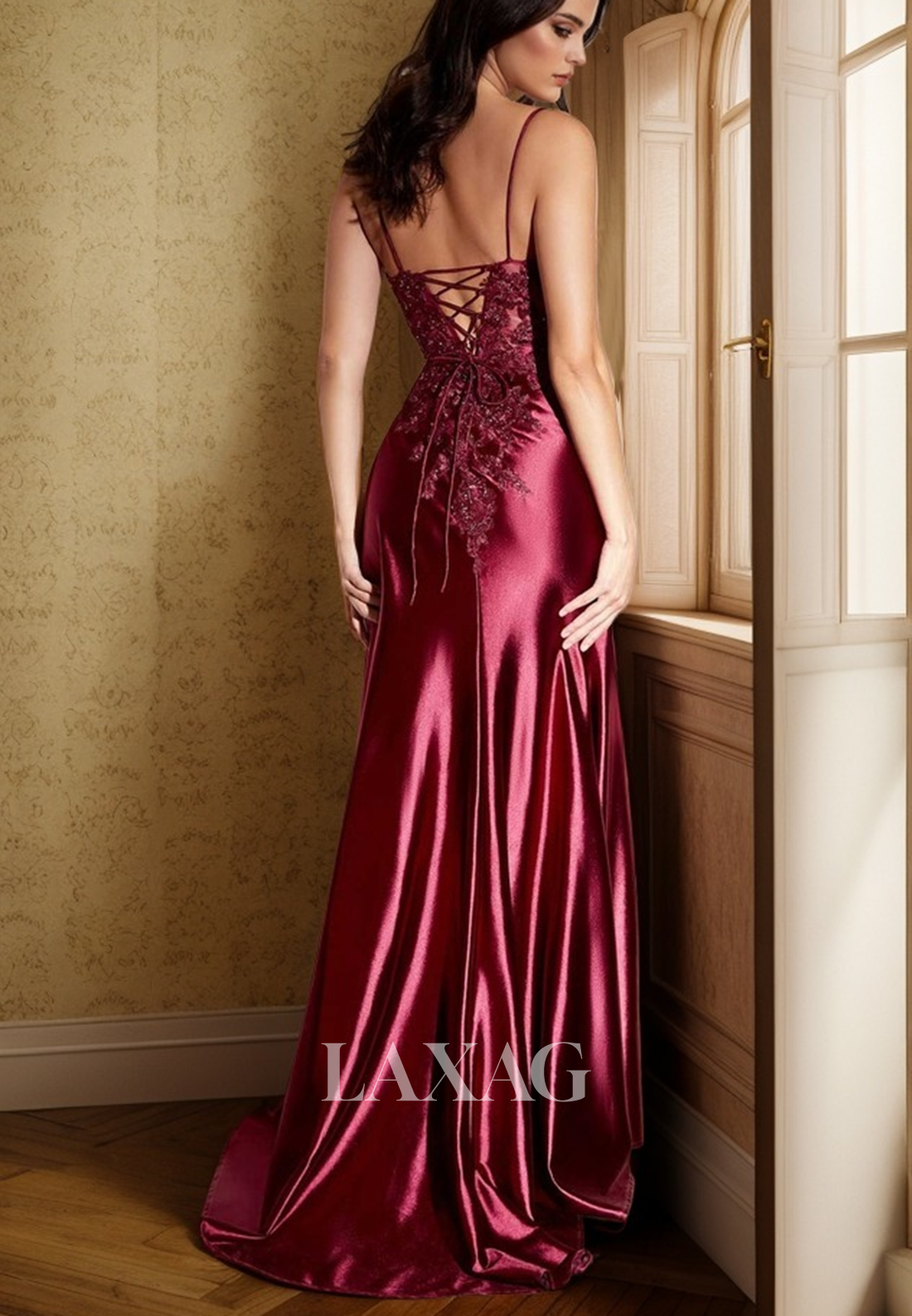 22257 - Spaghetti Straps Appliques illusion High Slit Party Prom Formal Evening Dress