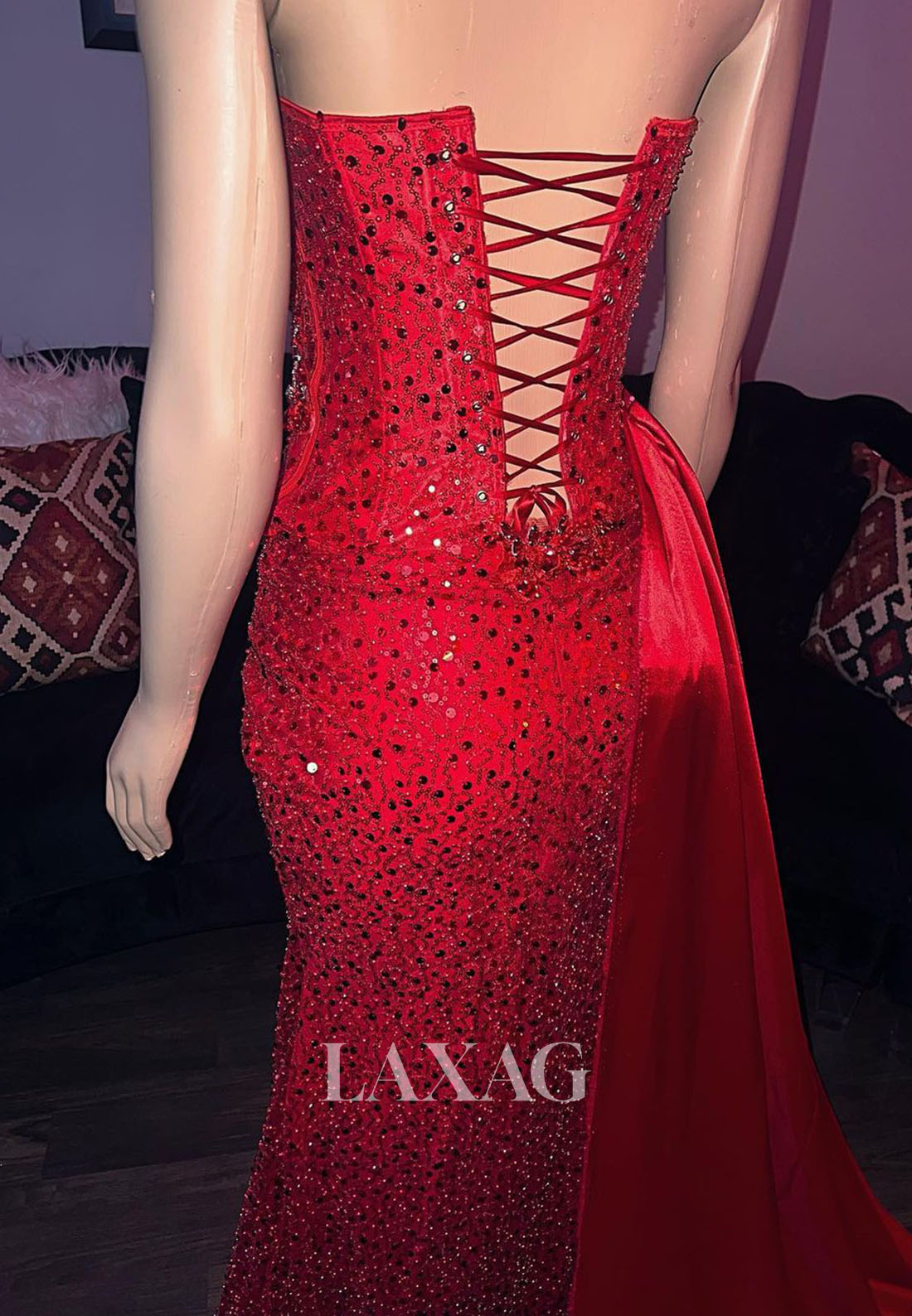 Sweetheart Off-Shoulder Sleeveless Pleated Fully Sequins High Slit Mermaid Prom Dress with Satin Train