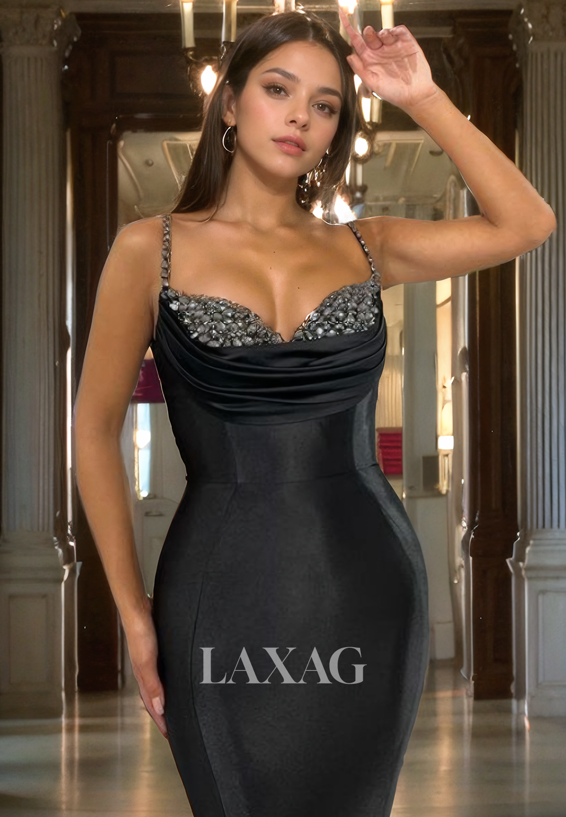 15716 - Black Spaghetti Straps Beaded Prom Evening Dress With Sweep Train
