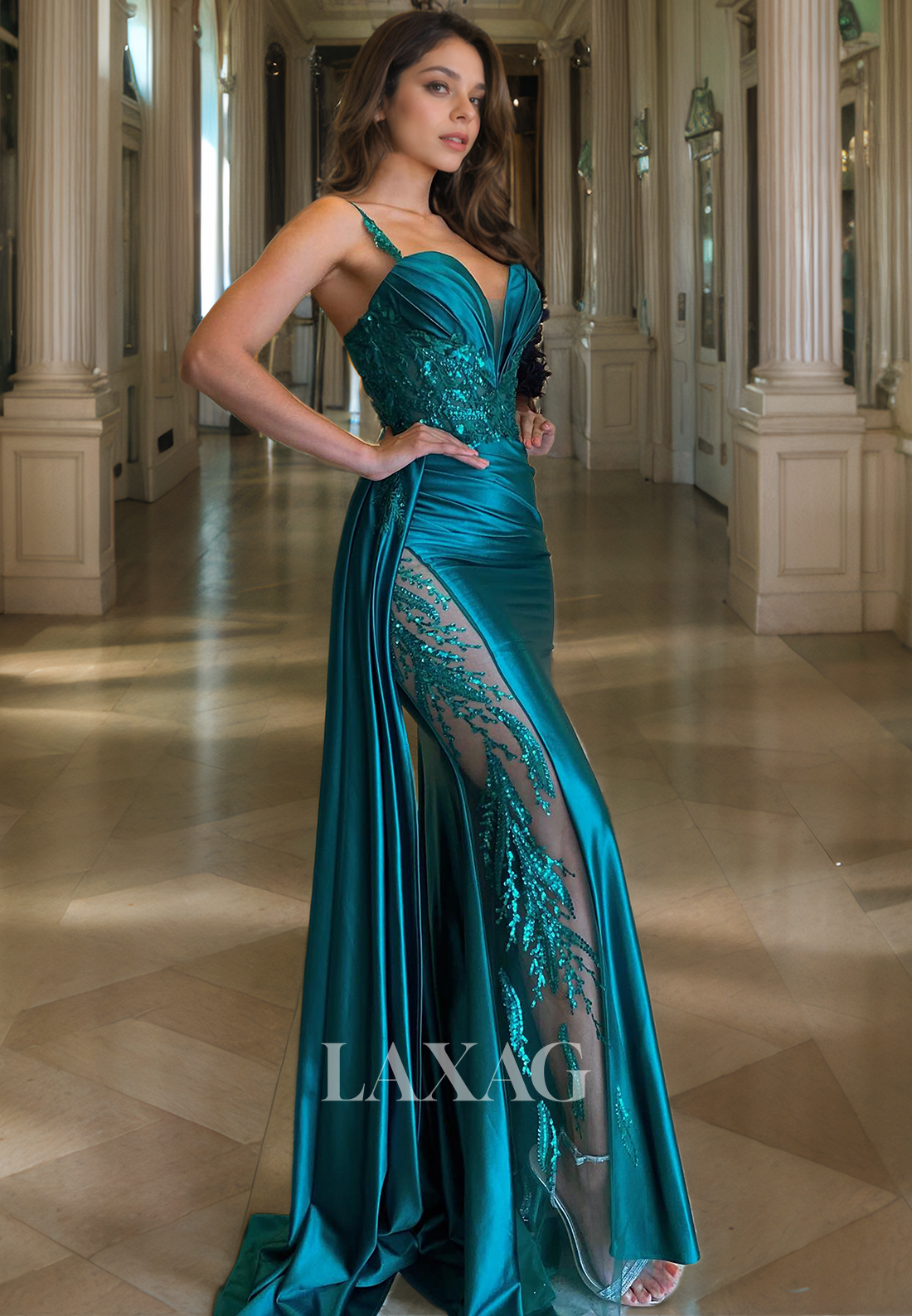 Spaghetti Straps V-Neck Off-Shoulder Appliques Pleated Tulle Mermaid Prom Dress with Train