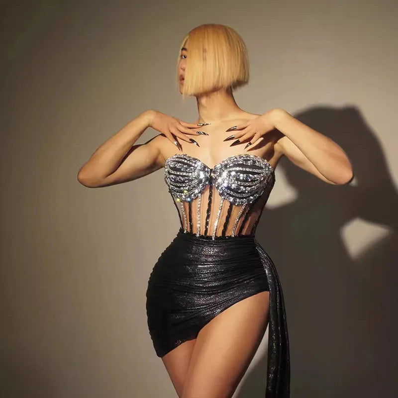 Strapless Rhinestone Sheer Boned Corset Ruched Side Drape Mini Dress