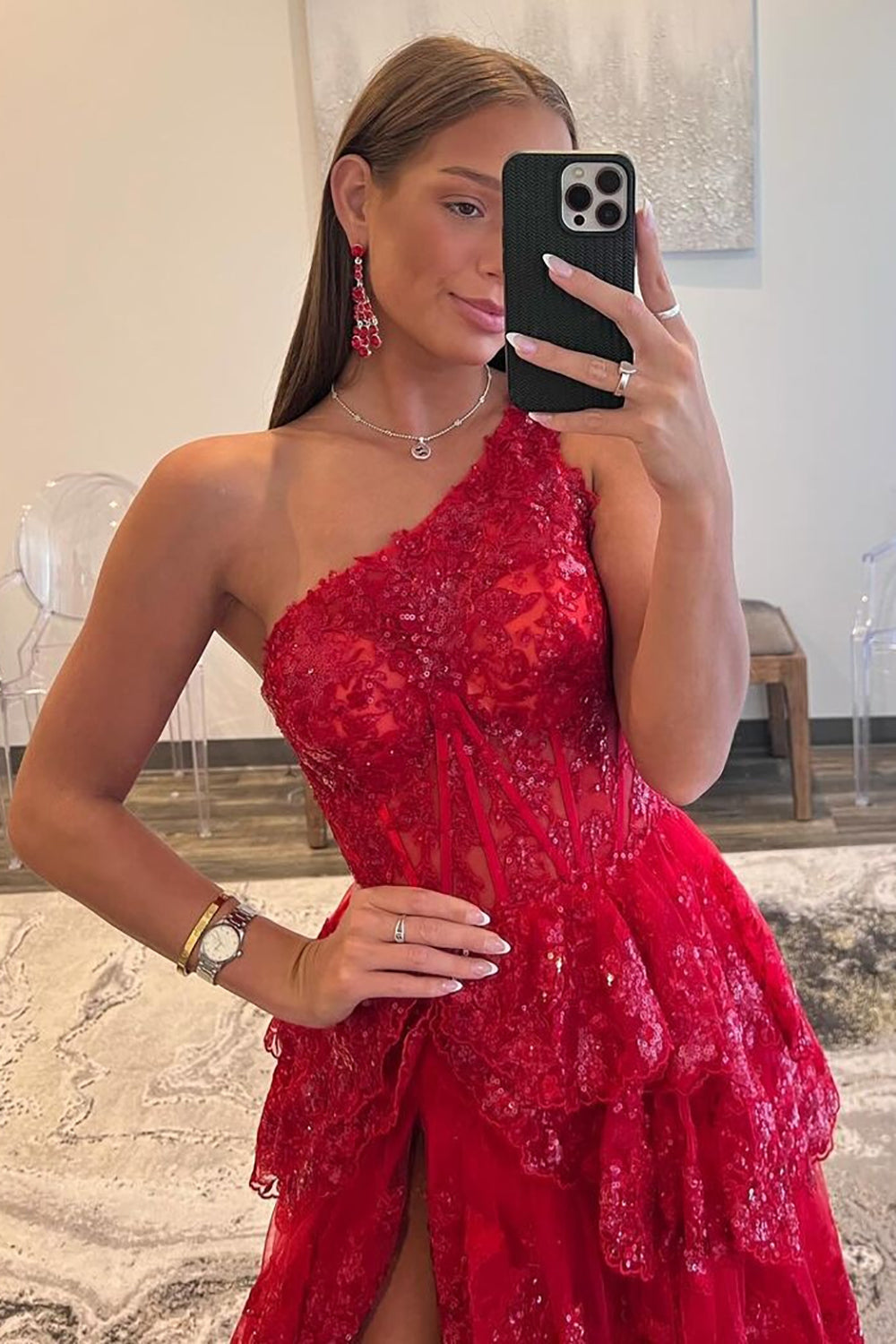 Dark Red A-Line Sequin One Shoulder Tiered Long Prom Dress With Slit