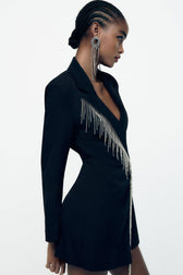 Sparkly Fringe Trim Lapel Collar Long Sleeve Blazer Romper Mini Dress - Black 2