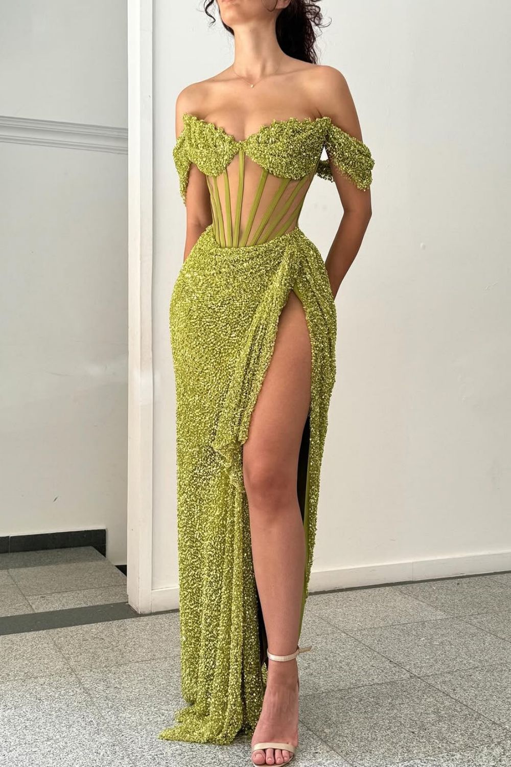 Sparkly Green Mermaid Off The Shoulder Long Formal Dress with High Slit