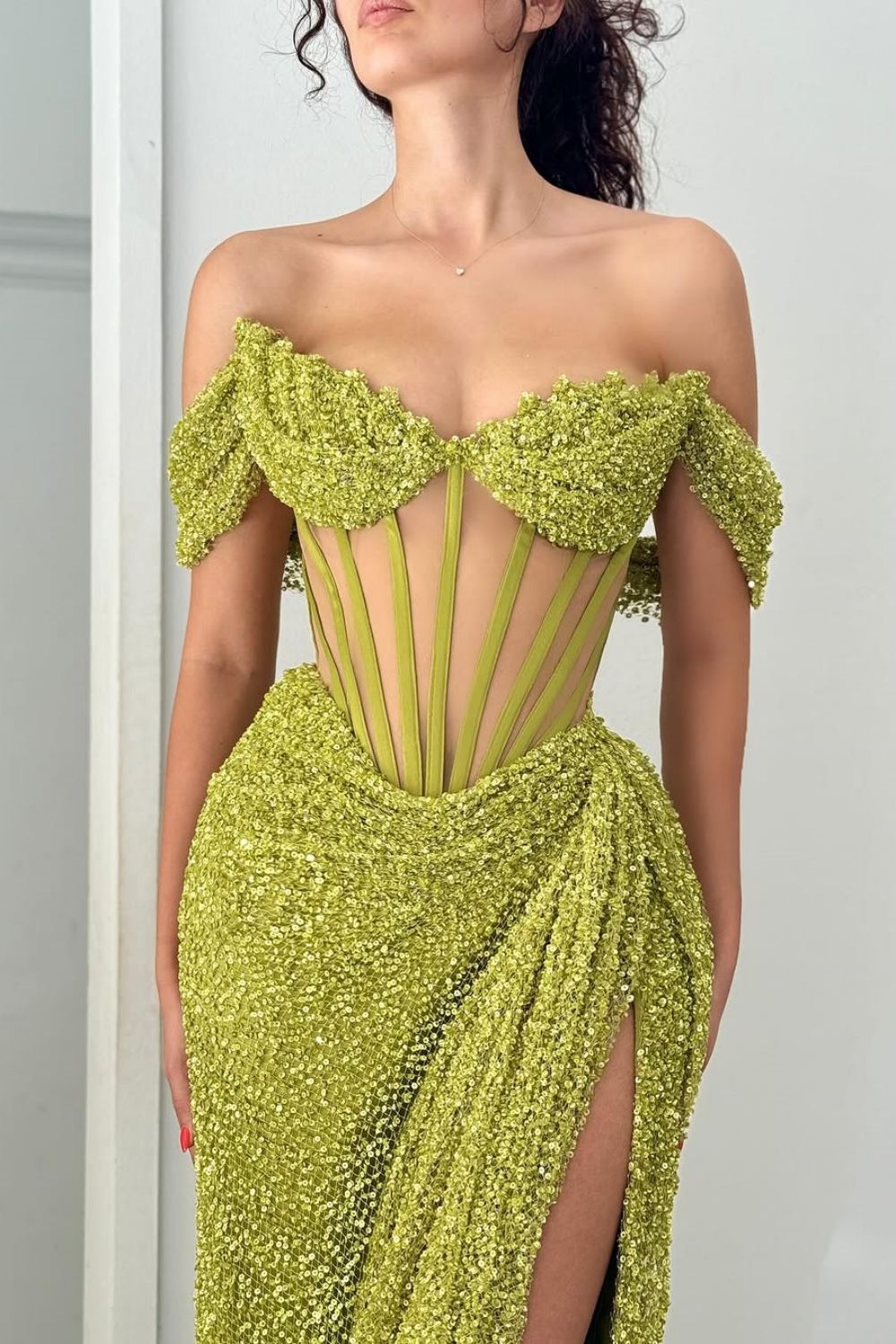 Sparkly Green Mermaid Off The Shoulder Long Formal Dress with High Slit