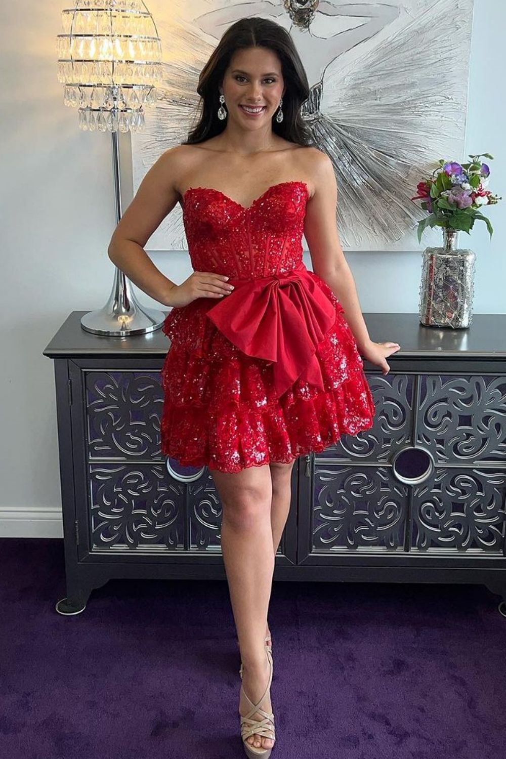Sparkly Red A-Line Sweetheart Tiered Homecoming Dress With Bowknot