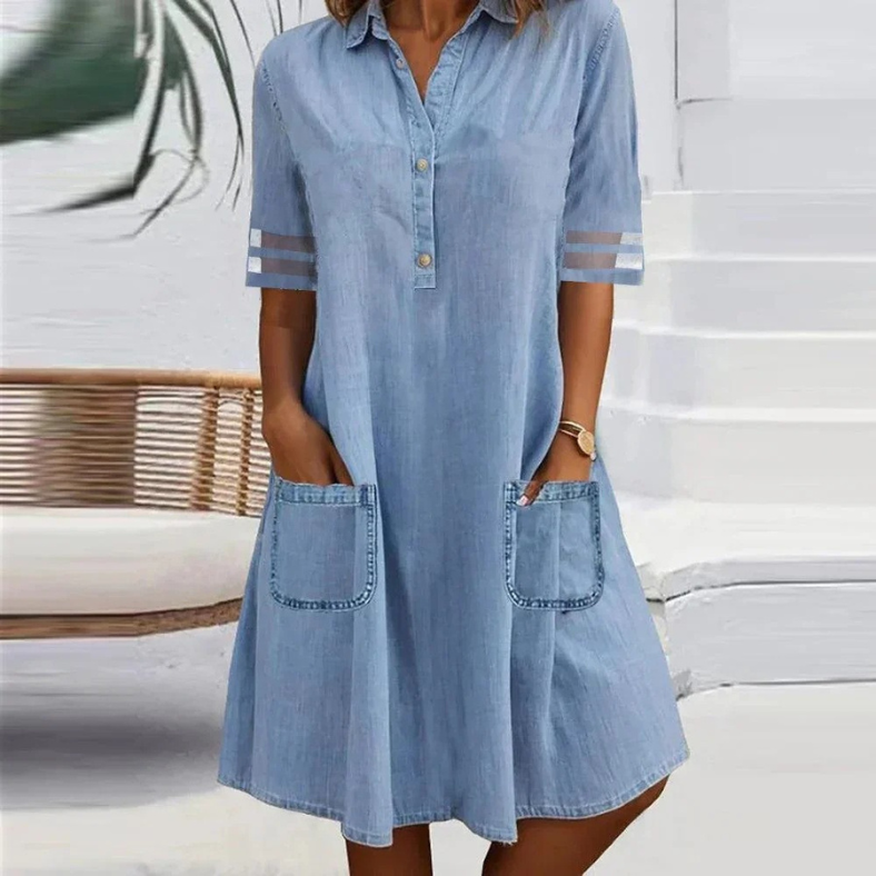 Denim Look Collared Button Front Pocket Shirt Dress