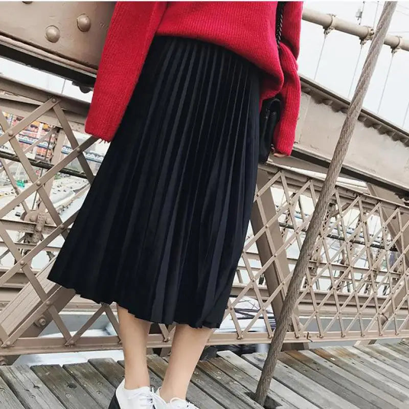 Velvet Knife Pleat High Waist A-Line Midi Skirt