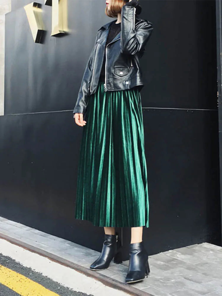 Velvet Knife Pleat High Waist A-Line Midi Skirt