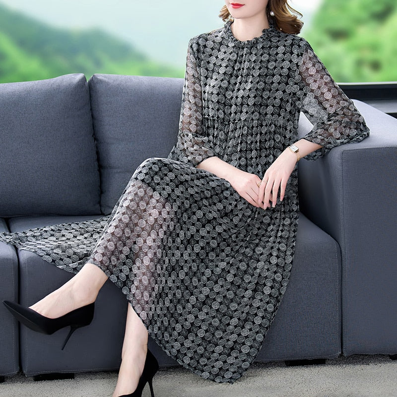 Chiffon Geometric Circle Print Tiered Ruffle Mock Neck Three Quarter Sleeve Midi Dress