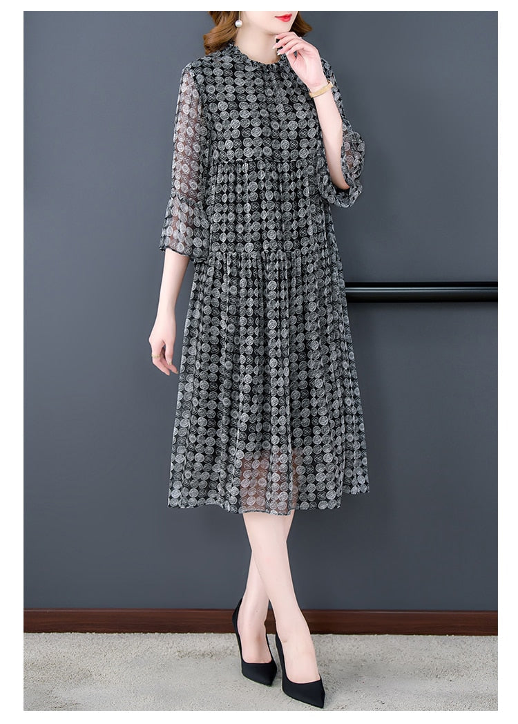 Chiffon Geometric Circle Print Tiered Ruffle Mock Neck Three Quarter Sleeve Midi Dress
