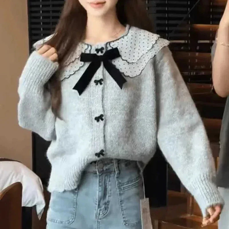 Polka Dot Mesh Ruffle Collar Bow Button Knit Cardigan 4