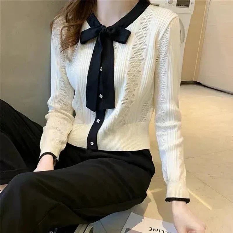 Contrast Bow Tie Neck Pointelle Ribbed Knit Button Front Cardigan 3