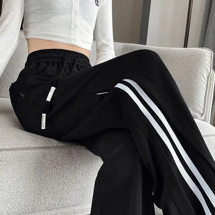 Side Stripe Drawstring Elastic High Waist Wide Leg Track Pants 2