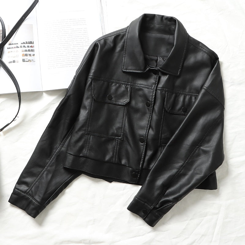 Faux Leather Snap Button Flap Pocket Collared Cropped Jacket 6