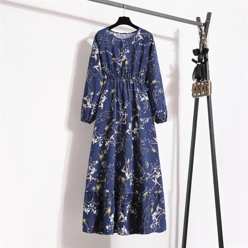 Spring Maxi Casual Full Floral Printed Oneck Woman Bohe Party Midi Dresses