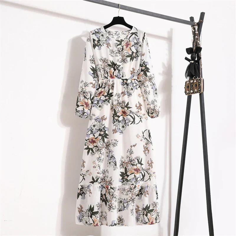 Spring Maxi Casual Full Floral Printed Oneck Woman Bohe Party Midi Dresses