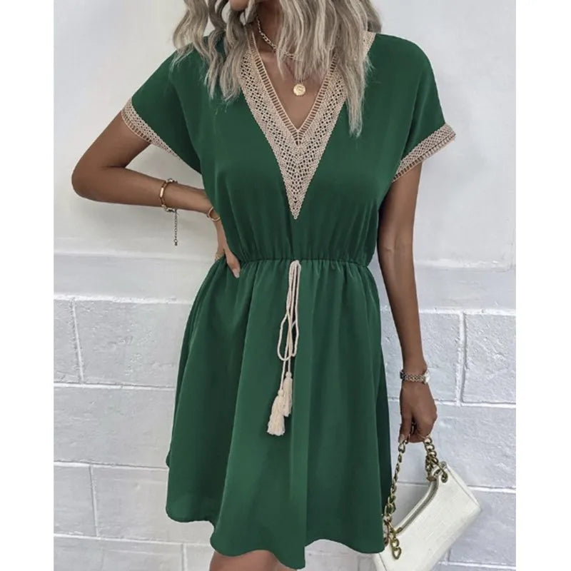 Lace V-Neck Panel Short Sleeve Midi Dress - View 5