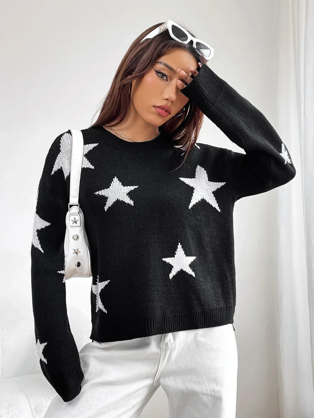 Crew Neck Long Sleeve Star Pattern Drop Shoulder Knit Sweater
