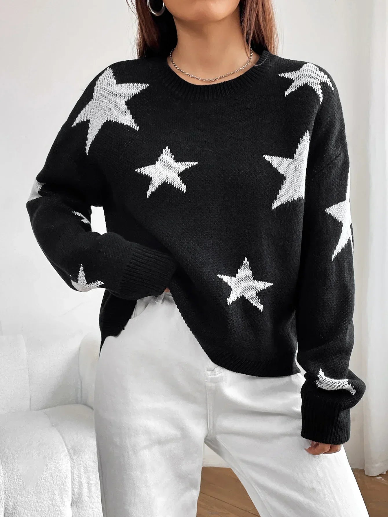 Stylish Colorful Contrast Starry Cozy Comfortable Loose Long-sleeved Warm Sweater