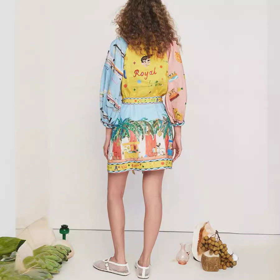 Printed 3 4 Sleeves Lace up Dress Casual Loose