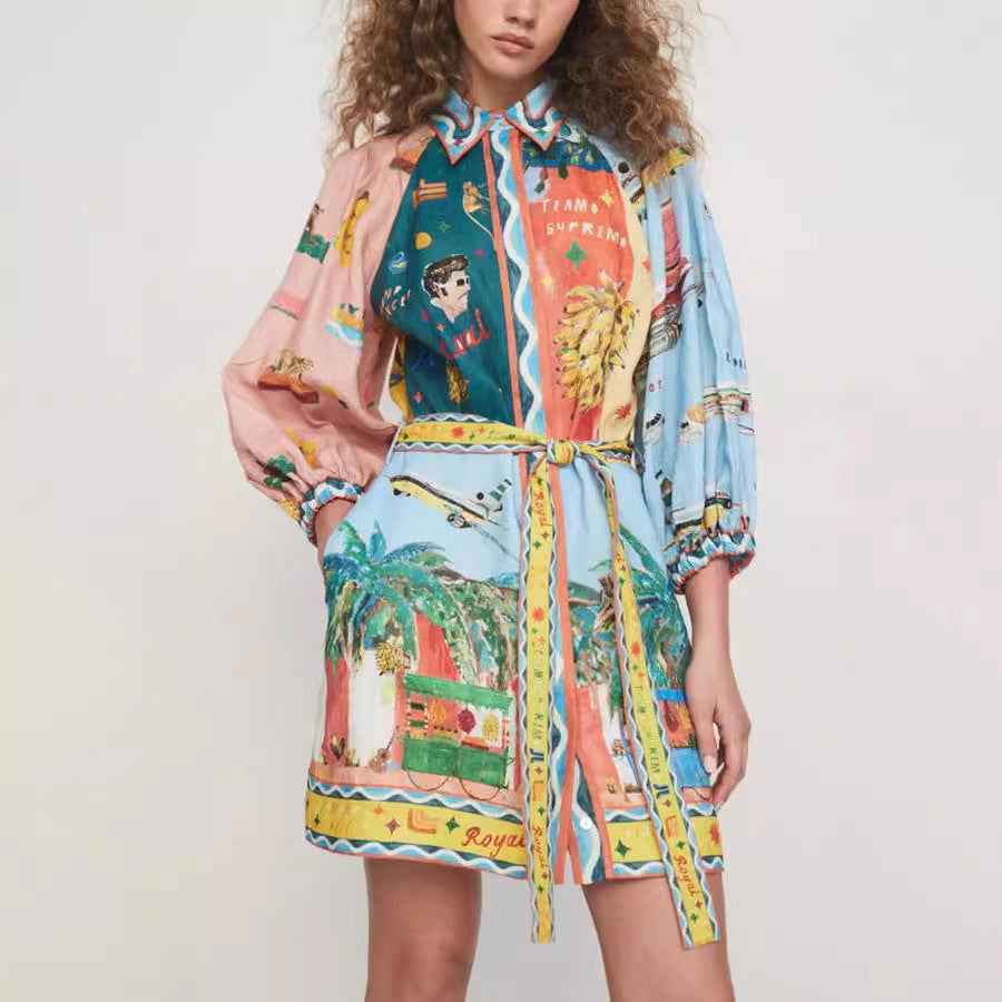Printed 3 4 Sleeves Lace up Dress Casual Loose