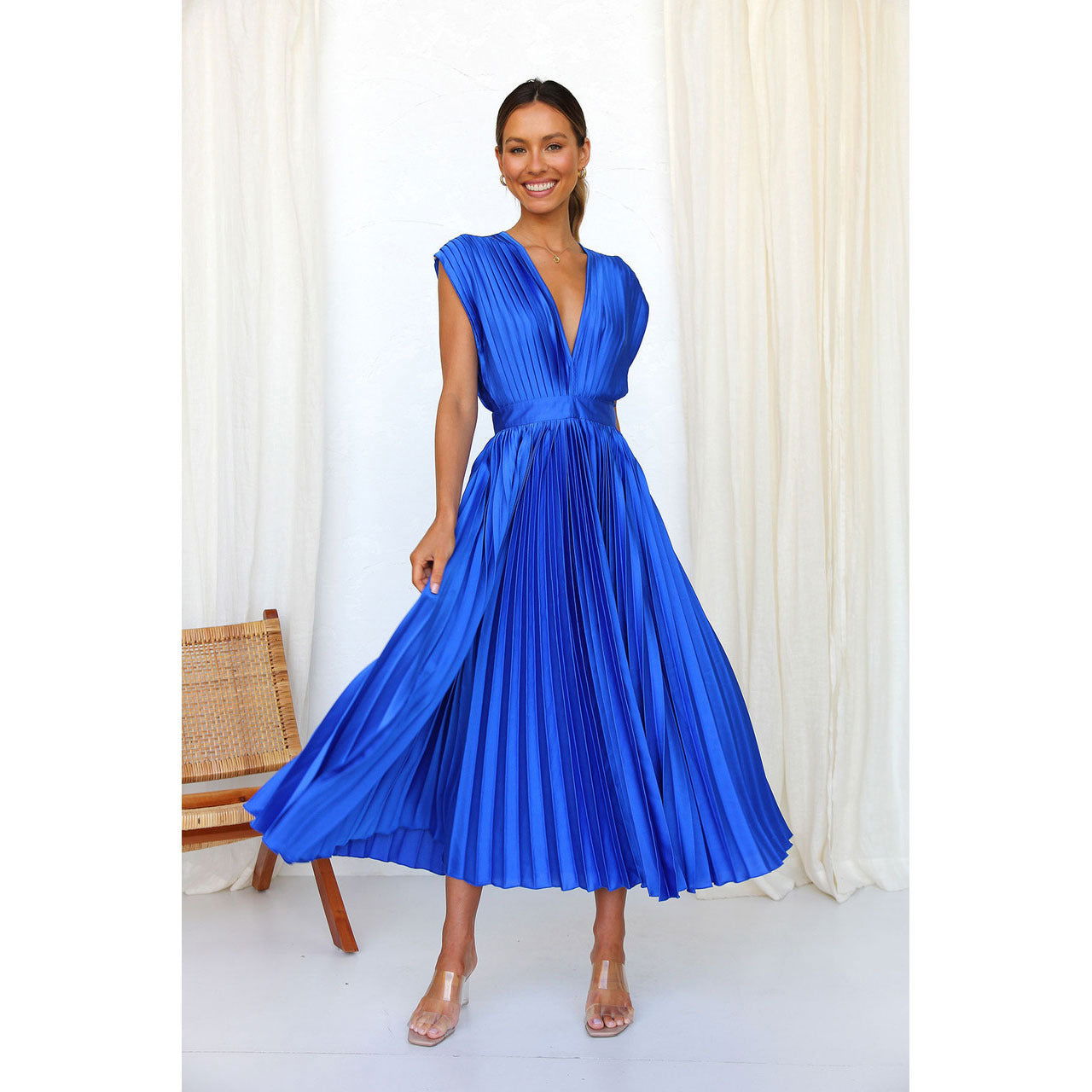 Pleated Dress Casual Loose Zip Sleeveless Dress