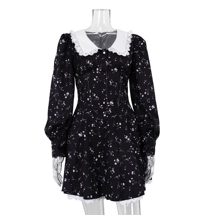 Long Sleeve Floral Short Dress Design Doll Collar Tight Waist A- line Dress