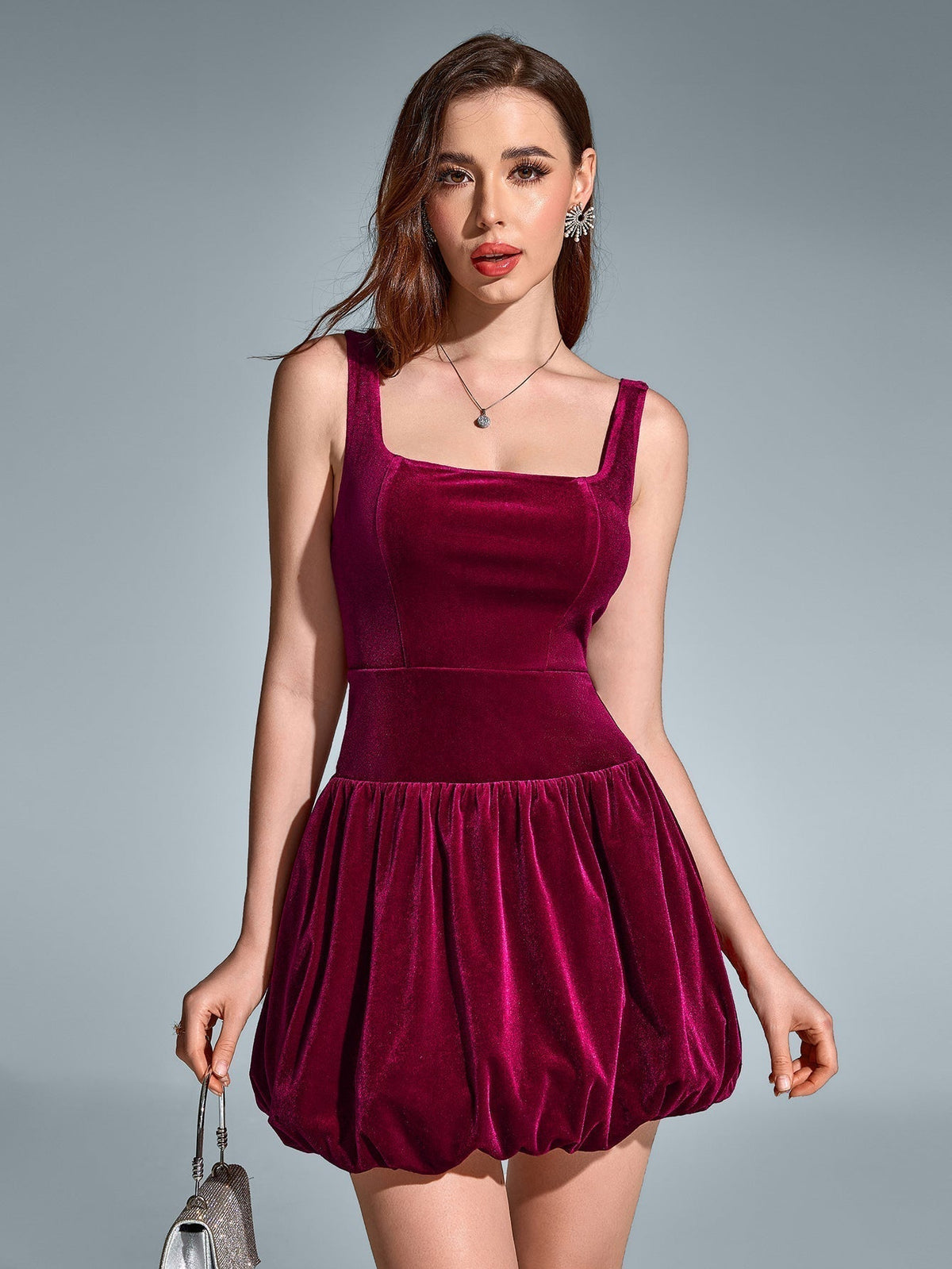 Velvet Square Neck Sleeveless Bubble Hem Mini Dress