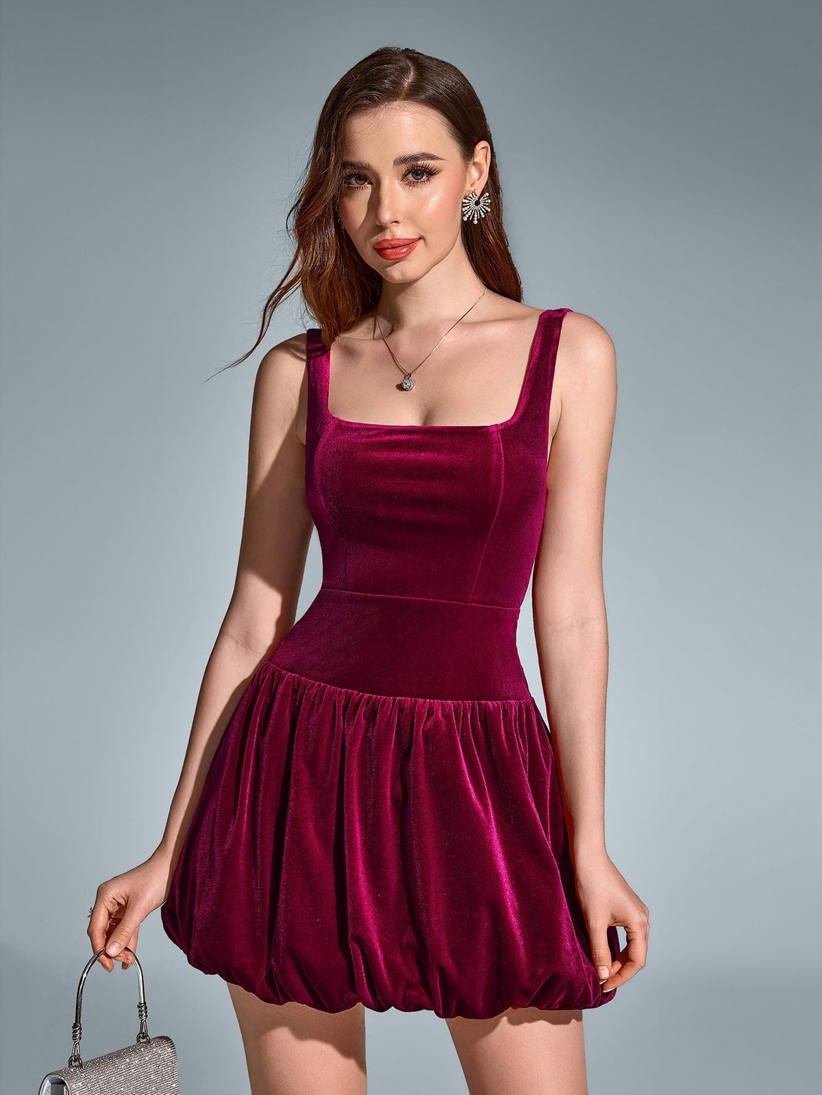 Velvet Square Neck Sleeveless Bubble Hem Mini Dress 4