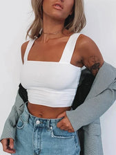 Square Neck Sleeveless Summer Crop Women Black Casual Basic T Shirt Off Shoulder Cami Sexy Backless Tank top