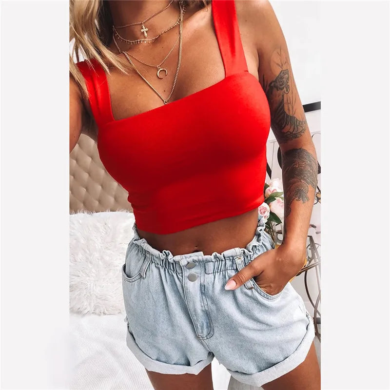 Square Neck Sleeveless Summer Crop Women Black Casual Basic T Shirt Off Shoulder Cami Sexy Backless