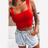 Square Neck Sleeveless Summer Crop Women Black Casual Basic T Shirt Off Shoulder Cami Sexy Backless