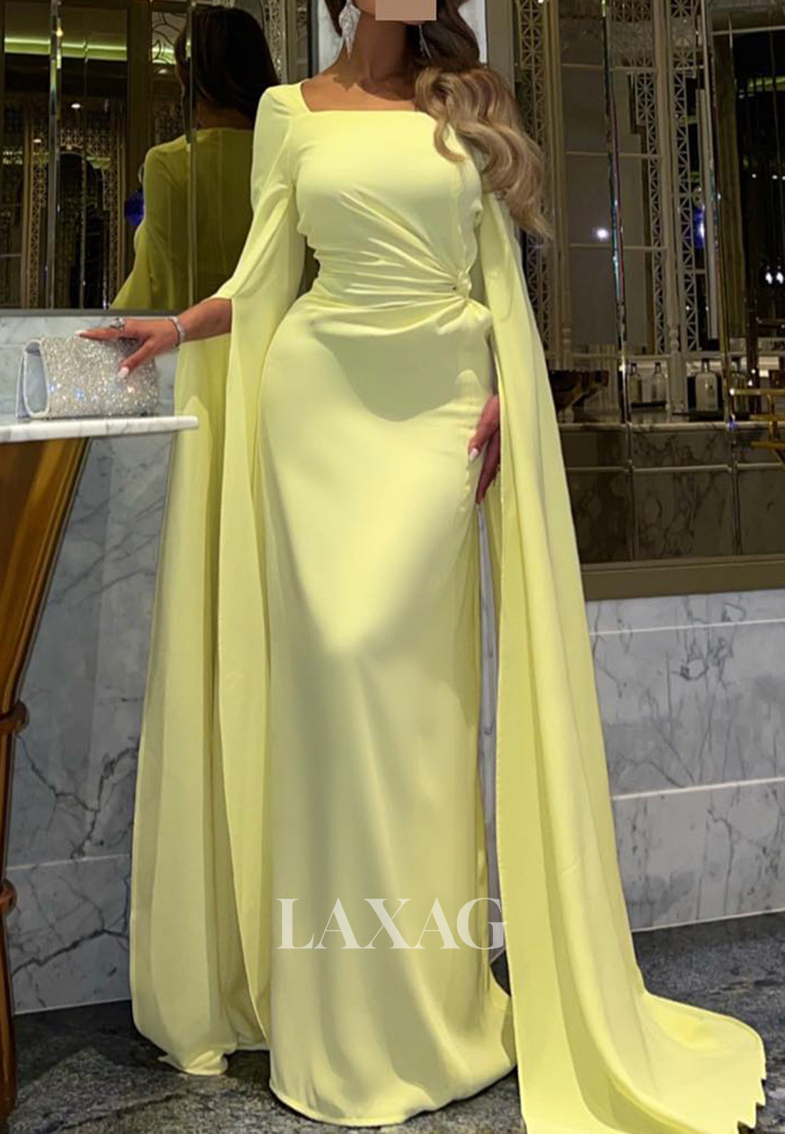Square-Neck Half-Sleeves Mermaid Evening Dress Pleated Satin Floor-Length Formal Gowns