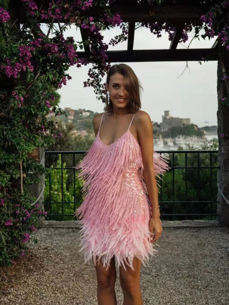 Sequin Fringe Feather Trim V-Neck Spaghetti Strap Bodycon Mini Party Dress