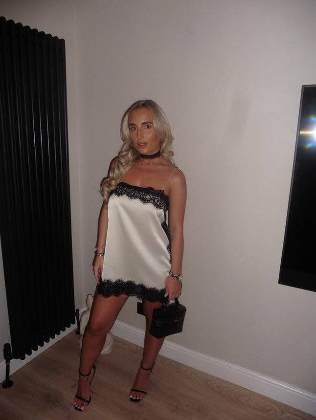 Satin Contrast Lace Trim Spaghetti Strap Slip Mini Dress 2