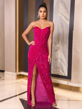 Strapless Fish Bone Slit Party Dress