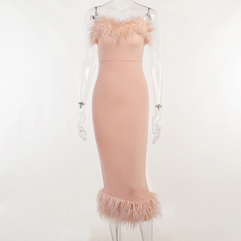 Feather Trim Off Shoulder Bodycon Midi Cocktail Dress 5