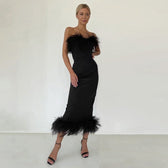Strapless Feather Evening Sexy Corset Bodycon Midi Dress