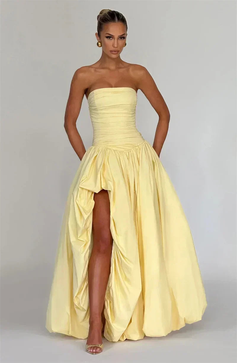 Strapless Ruched Bodice Drop Waist High Split Maxi Dress 6