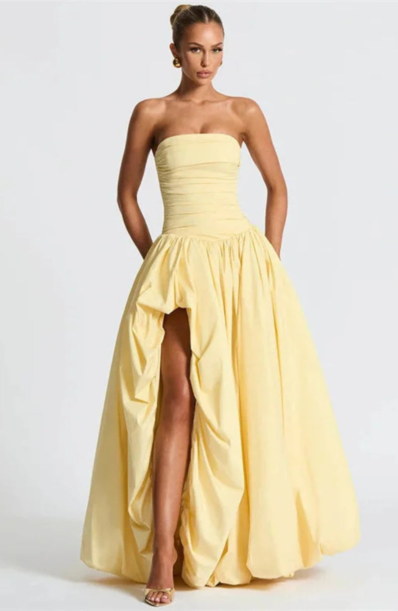 Strapless Ruched Bodice Drop Waist High Split Maxi Dress 7