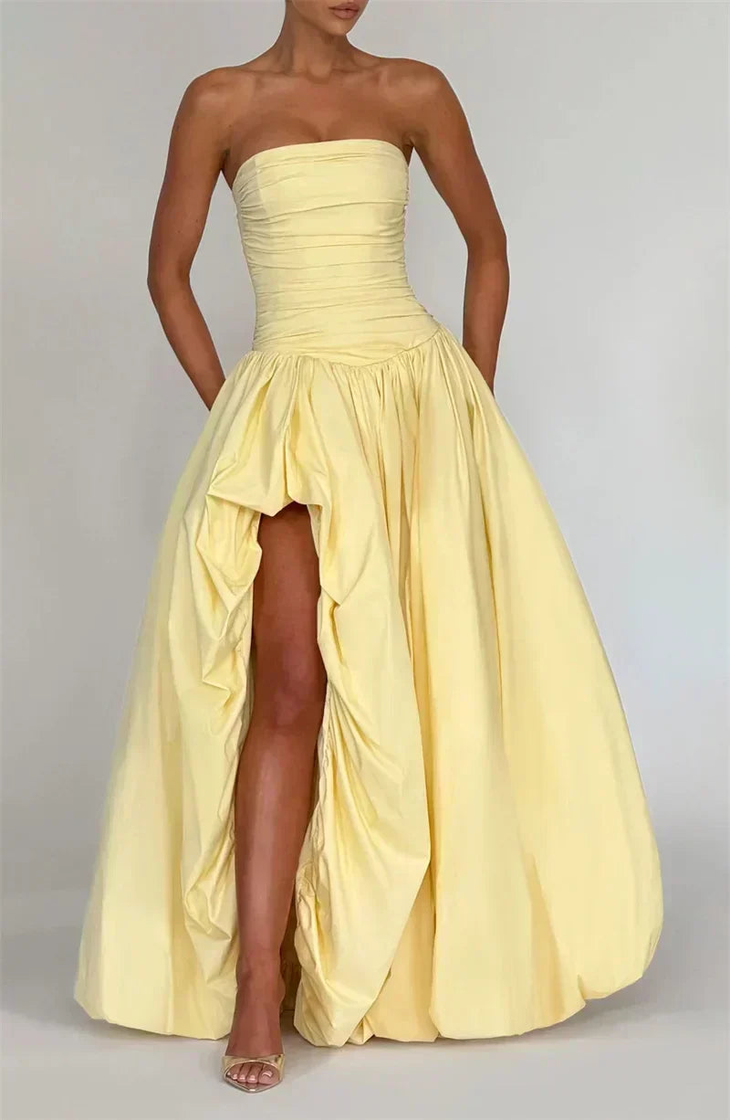 Strapless Ruched Bodice Drop Waist High Split Maxi Dress 8